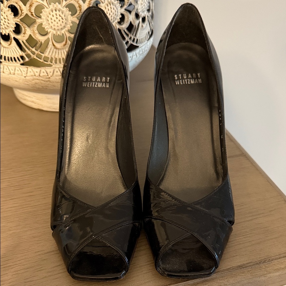 Stuart Weitzman Glossy Black Peep-Toe Heels